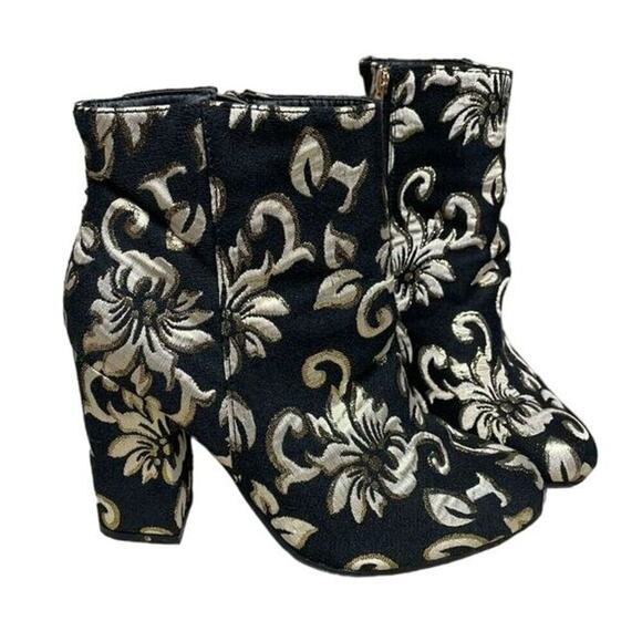 Bamboo Namaste Tapestry Black & Gold Floral Ankle Block Heel Booties Size 8 - Picture 3 of 8